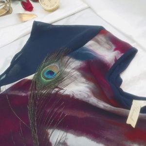 Abstract Blue and Maroon High-Low Slit Blouse